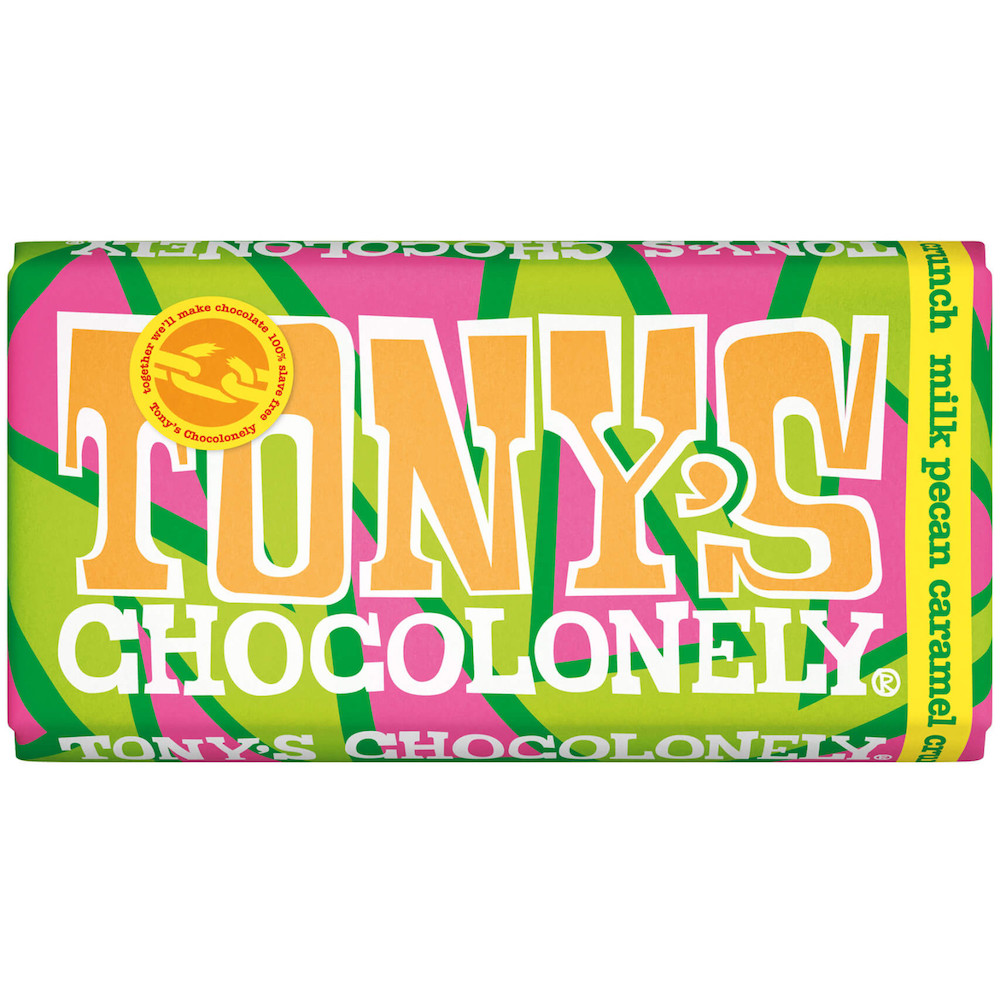 Läs mer om Tonys Chocolonely Milk Pecan Caramel Crunch 180g